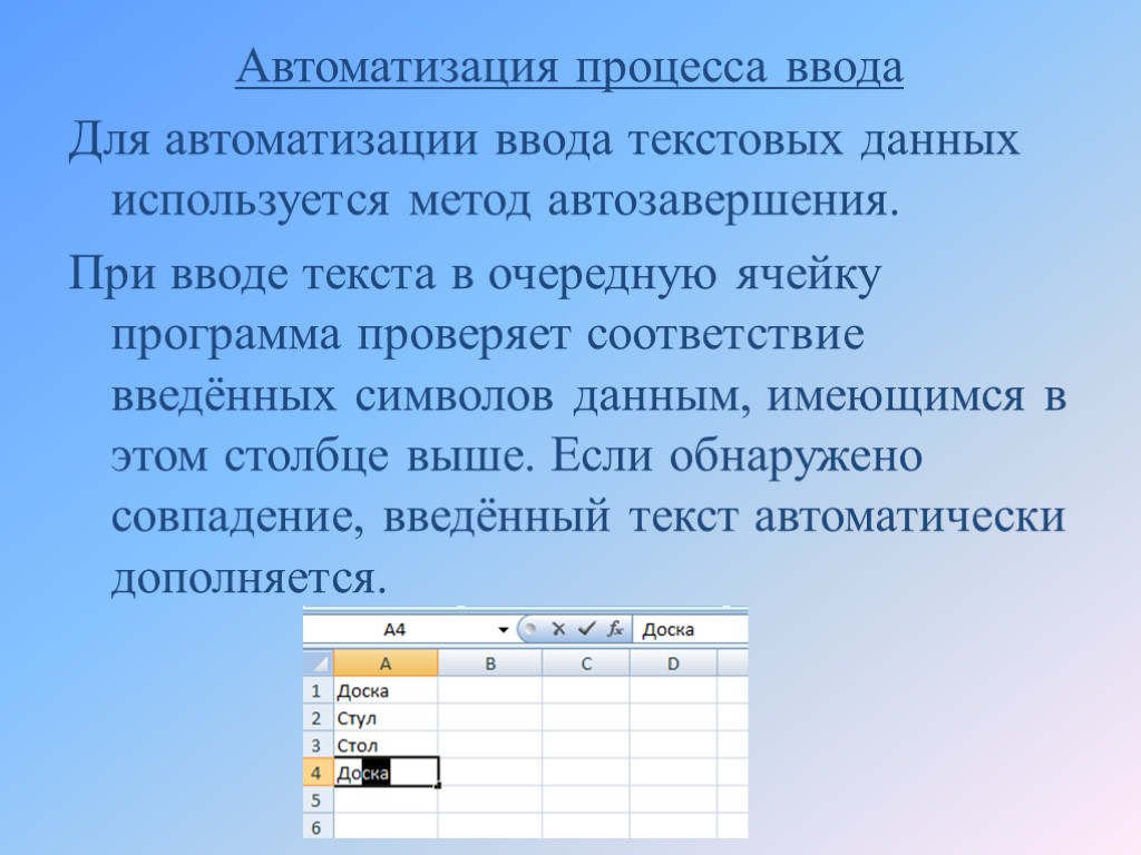 Автоматизация процесса ввода Для автоматизации ввода текстовых данных используется метод автозавершения. При вводе текста